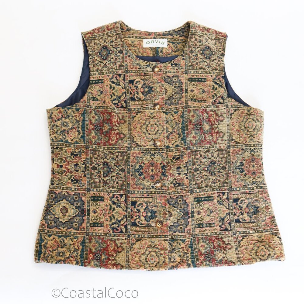 Vintage Orvis Women's Vest L Cotton Blend Tapestry USA Poet Boho Rustic Cabin